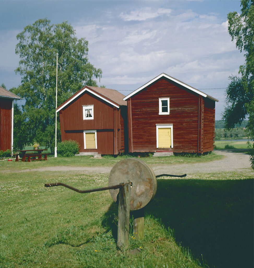 Vanhoja rakennuksia kesäisellä maalaispihalla.