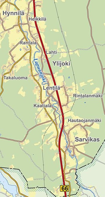 Karttakuva Kuortaneen Lentilän kohdalta.