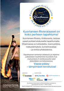 Kuvassa Kuortaneen Rivieralaiset tapahtumaan tehdtn flyerin takakansi. Tietoja tapahtumasta sekä tulitaitelilijan kuva.