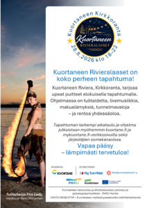 Kuvassa Kuortaneen Rivieralaiset tapahtumaan tehdtn flyerin takakansi. Tietoja tapahtumasta sekä tulitaitelilijan kuva.