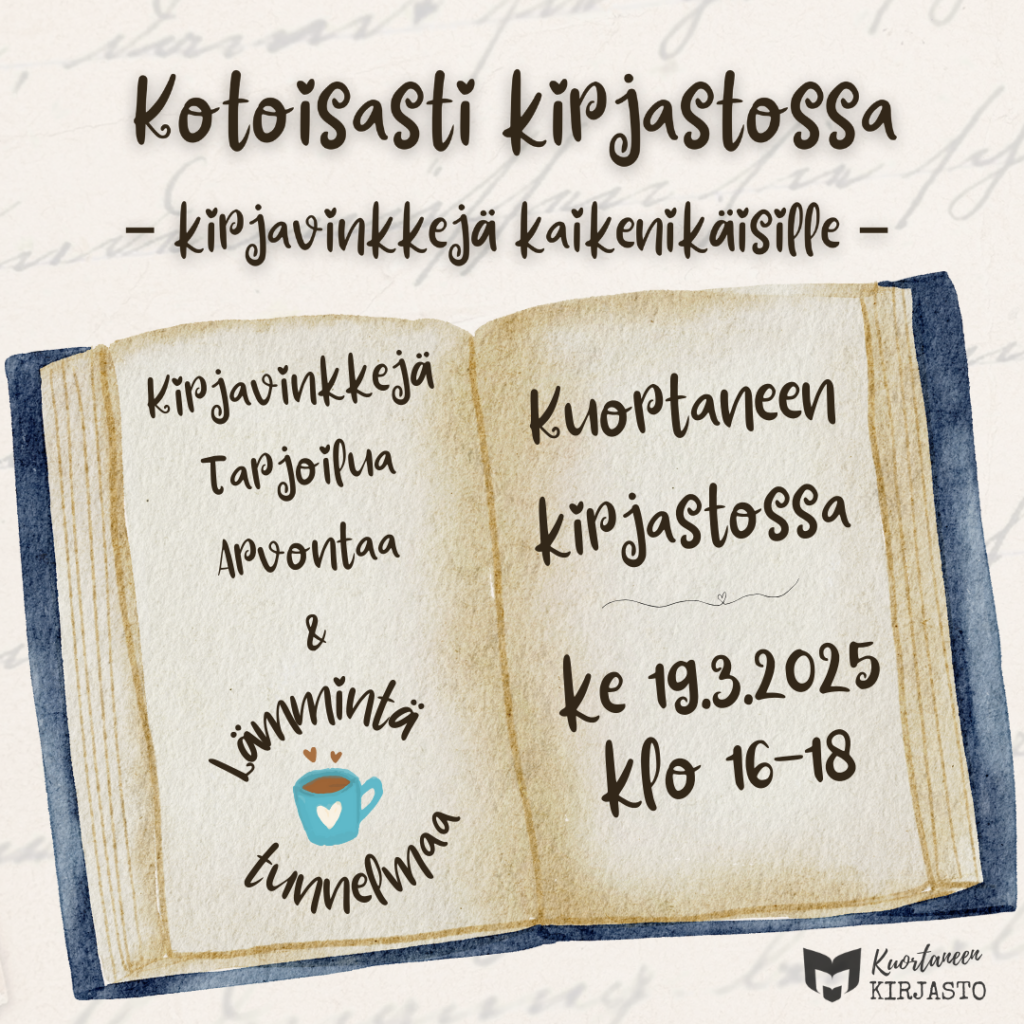 Kotoisasti kirjastossa - kirjavinkkejä kaikenikäisille -tapahtuman mainoskuva.